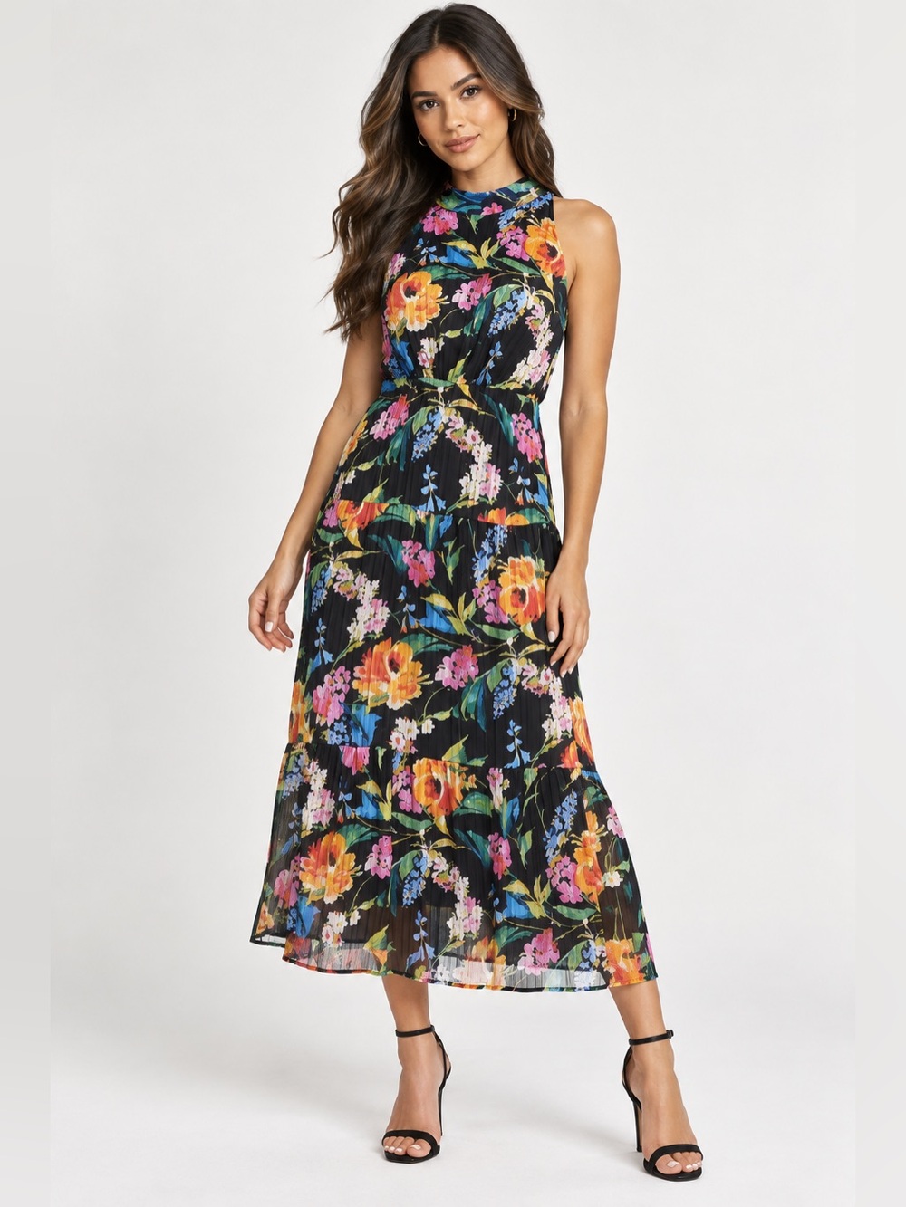 Sam Edelman Rainbow Floral High Neck Pleated Midi Dress Size 4